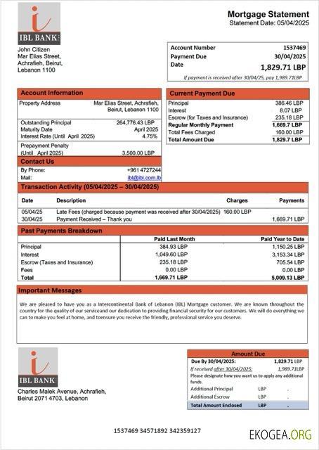 Modèle Word et PDF de relevé hypothécaire de la Banque intercontinentale du Liban (IBL) du Liban